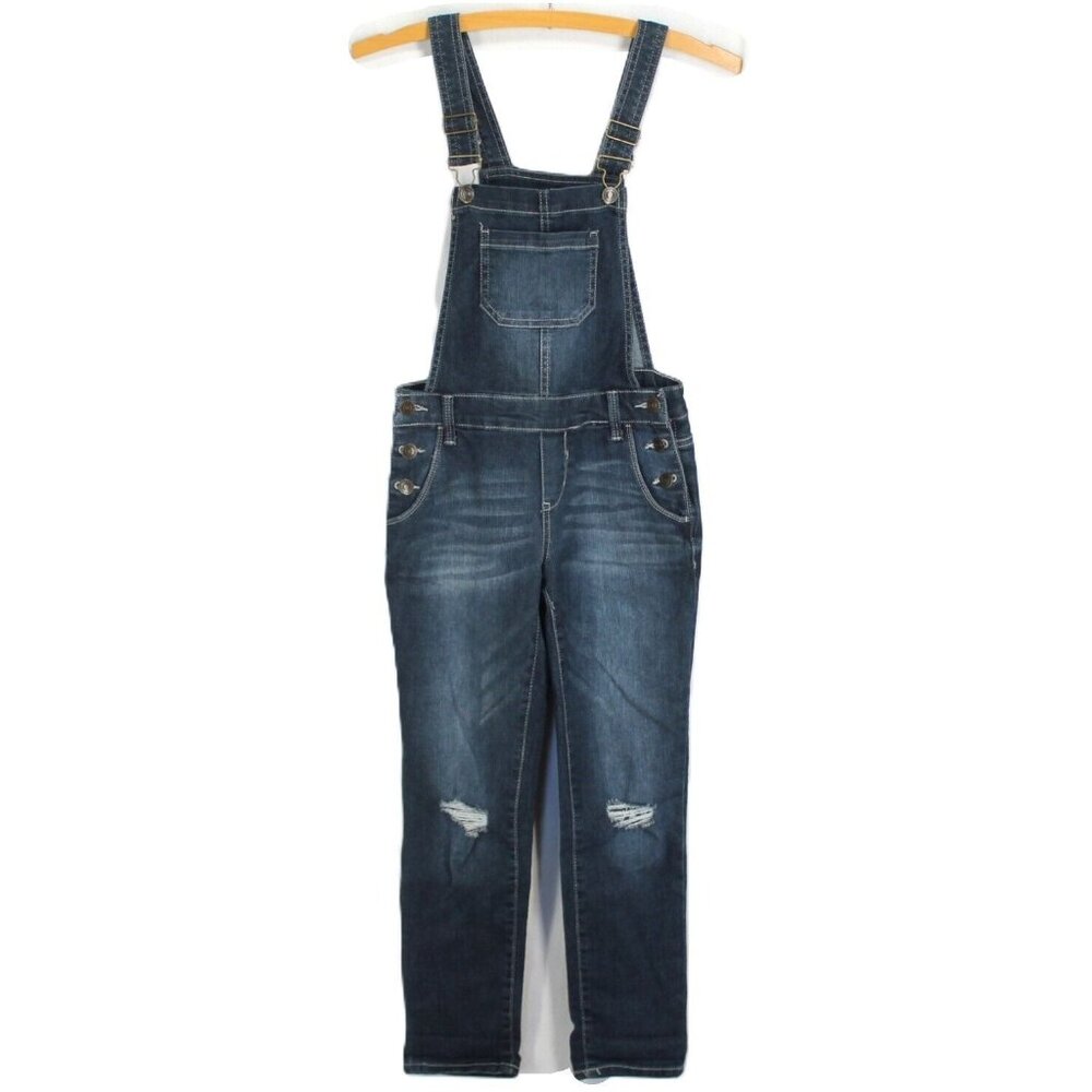 So Bib Overalls Girls Size 8 Dark Wash Blue Jean Distressed Denim Adjustable